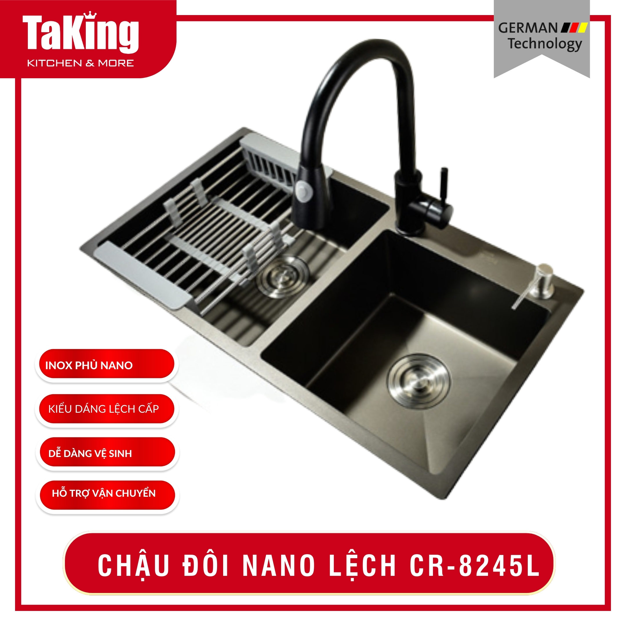 Tất cẩ sản phẩm của TaKing đều được nhập khẩu nguyên chiếc theo tiêu chuẩn Châu Âu, đa dạng, chất liệu, kích thước và thiết kế giúp bạn yên tâm trong lựa chọn để tối ưu không gian sống. Bảo hành hoen rỉ đối với inox SUS304 vĩnh viễn.